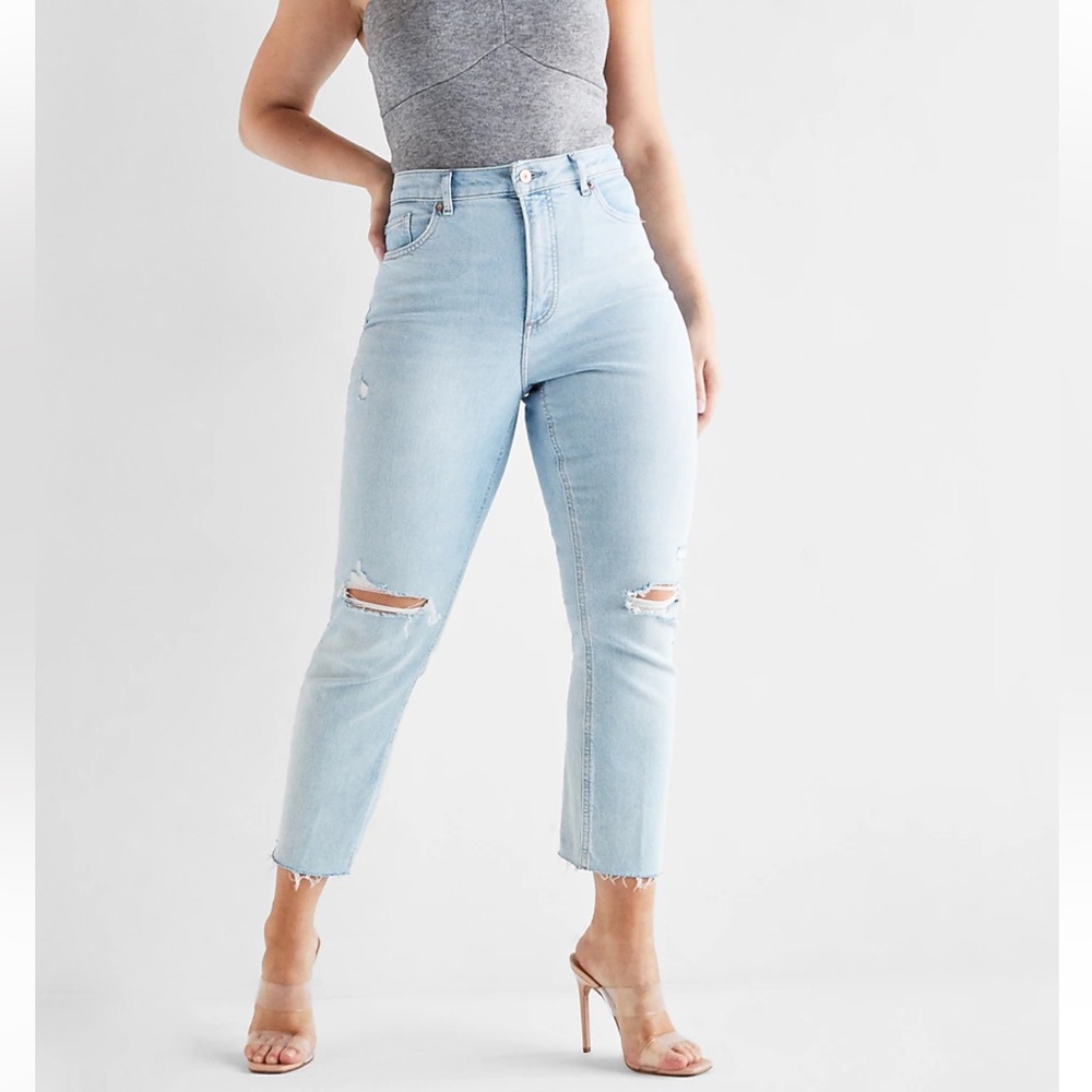 Express Curvy Super High Waisted Ripped Mom Jeans